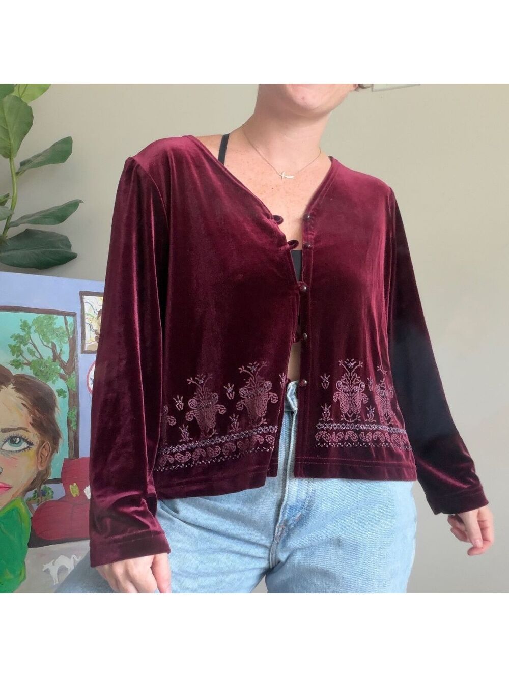 Vintage 90s velvet cardigan with paisley print trim